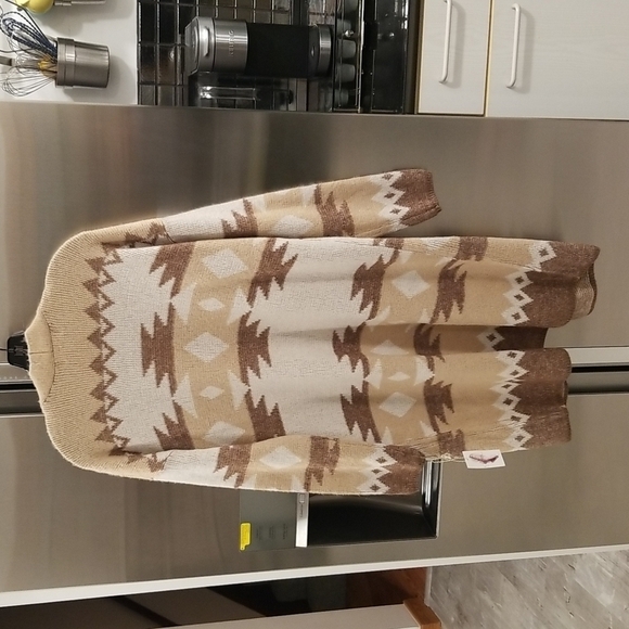 💕JESSICA SIMPSON💕 Open Front Long Cardigan ~ Brown Aztec Print Large L NWT - Picture 2 of 10